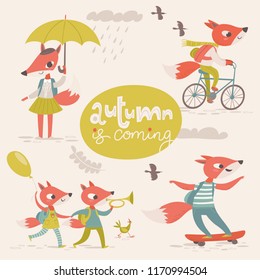 Vector flat retro style autumn poster with cartoon animals. Foxes doing different activities