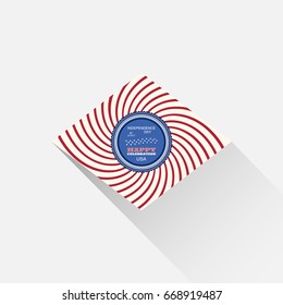 Vector flat rhombus icon of Independence Day with curved red rays and round blue label on the light yellow background with long shadow.