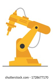 Vector flat robot arm welding at factory line. Modern plant tech manipulator illustration. Isolated futuristic industrial mechanical hand drawing on white background.