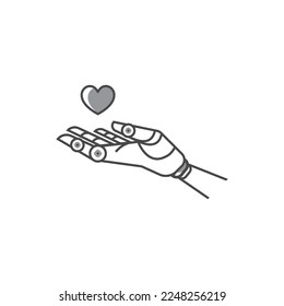 Vector Flat Robot Hand Icon with Heart. Outline Artificial Intelligence Sign. Digital Futuristic Technology Idea for Web on White Background.
