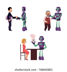 vector flat robots people interactions. Robot assistant helping aged man to cross the road, another bot dealing with businessman handshaking, bot waiter serving coffee to woman. Isolated illustration
