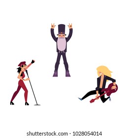 Vector flat rock music, culture people set. Heavy metal style clothing, long haircut man playing electric guitar, punk girl singing at microphone, old man rock sign. Isolated background illustration