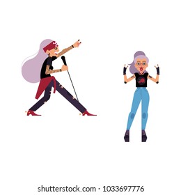 Vector flat rock music, culture people set. Heavy metal, punk rock style clothing, haircut elderly old women singing at microphone, showing rock sign. Isolated illustration, white background