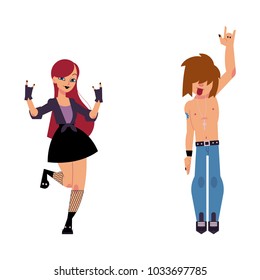Vector flat rock music, culture people set. Alternative style clothing, long haircut young topless man showing rock sign, punk girl on gothic dress. Isolated illustration, white background