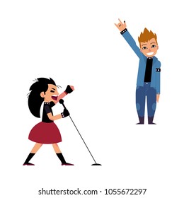 Vector flat rock music, culture people set. Alternative style clothing, mohawk haircut man showing rock sign, punk girl singing at microphone. Isolated illustration, white background