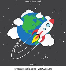 Vector flat rocket around the World illustration. Start up concept. Travel concept.