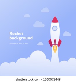 Ilustración de la plantilla de la bandera de cohete plano vectorial. Nave espacial de mosca blanca y roja en el fondo del cielo azul. Concepto de ciencia y tecnología. Elemento de diseño para póster, web, infografías, presentación.