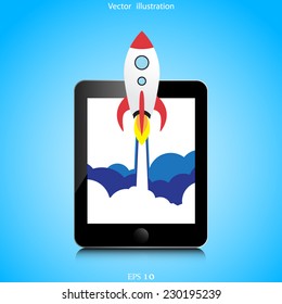 Vector flat rocket web icon with tablet. Start up concept. 