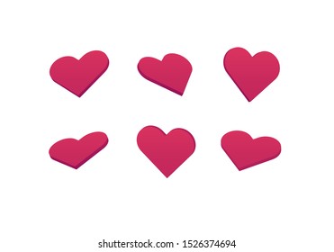 Vector flat romantic heart symbol illustration set. Collection of red gradient hearts. Concept of falling rain of love. Design element for background, banner, poster, greeting card, valentine holiday.