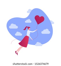 Vector flat romantic love people illustration. Yound girl flying on red heart balloon on sky background. Concept of first love, following dream. Design element for banner, poster, valentine, card.
