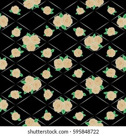 Vector flat rose flowers and leaves silhouette seamless pattern over black backdrop. Cute design in beige colors for stickers, labels, tags, gift wrapping paper and banner design.