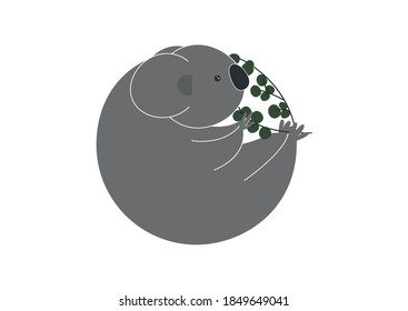 Vector flat round character is a Koala with a branch of eucalyptus