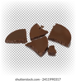 Vector flat round chocolate pieces on surface isolated on transparent background. 3D realistic illustration.