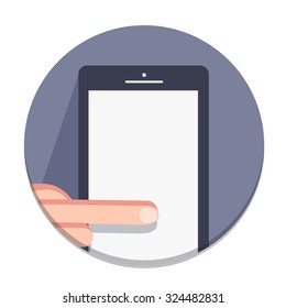 vector flat round icons with a finger and a mobile device with g