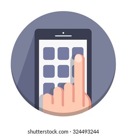 vector flat round icons with a finger and a mobile device