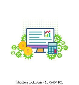 Vector flat round stylish cartoon banking icon with monitor on pixel background with dollar coins gears diagram diagram diagram interaction optimization analyst