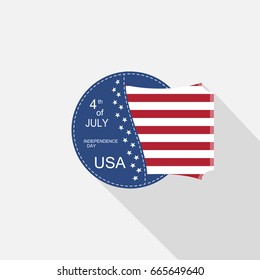 Vector flat round web element for Independence Day with blue pocket, insert with american flag and long shadow on the light gray background.