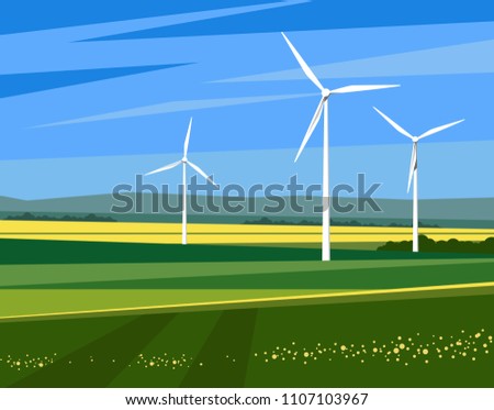 Vector flat rural landscape with wind turbines on green summer fields
