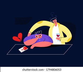 Vector flat sad young man who was abandoned by his beloved. Friend supports him and offers him drink. Concept experiencing relationship breakup, causes of alcoholism, psychological help, communication