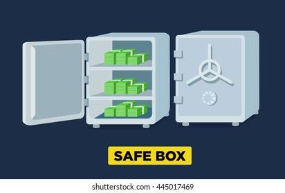 Vector flat safe boxes open and closed, locked with code lock, empty safe box. Isometric view