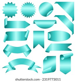 Vektor-Flachverkaufsausweis-Set. Türkisfarbene Bänder für Werbeaktionen. Werbebanner-Aufkleber verkaufen. Kollektion von Handelsmarken.  
