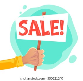 Vector flat sale banner with human hand. Cartoon style. Text place. Poster, placard, advertisement design.