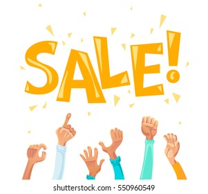Vector flat sale banner with human hand. Cartoon style. Text place. Poster, placard, advertisement design.
