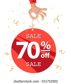Vector flat sale banner with human hand. Cartoon style. Text place. Poster, placard, advertisement design.