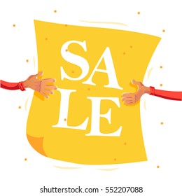 Vector flat sale banner with human hand. Cartoon style. Text place. Poster, placard, advertisement design.