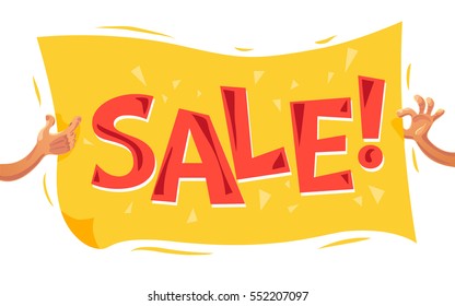 Vector flat sale banner with human hand. Cartoon style. Text place. Poster, placard, advertisement design.