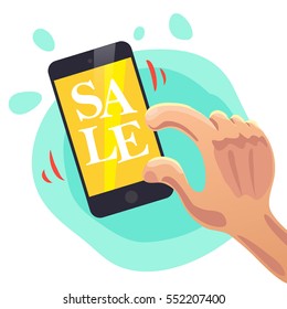 Vector flat sale banner with human hand holding smartphone. Cartoon style. Text place. Poster, placard, advertisement design.