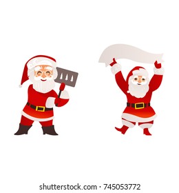 vector flat santa claus in christmas clothing holding paper scroll smiling, and standing with placard with spruce trees set. Holiday illustration isolated on a white background.