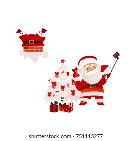 vector flat santa claus in christmas clothing stuck in the chimney on the roof and making selfie by stick with present box pile set. Holiday illustration isolated on a white background.
