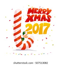 Vector flat santa claus elf character portrait with big sweet lollipop. Cartoon style illustration. Happy New Year, Merry Xmas design. Good for congratulation card, banner, flayer, leaflet.