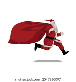 Vector flat Santa Claus jumping carrying a red gift sack