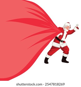 Vector flat Santa Claus pulling a red gift sack