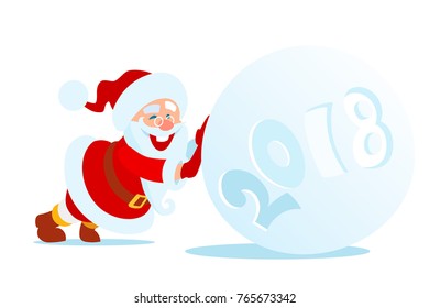 Vector flat Santa Claus rolls in front of him a giant snowball with an embossed date 2018. Cartoon magic character pushing a snow sphere. Christmas bearded fat old man isolated on a white background.