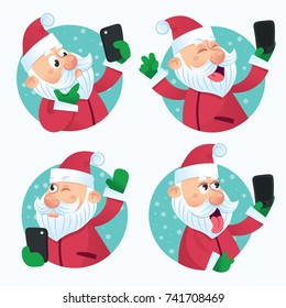 Vector flat santa claus set in christmas clothing making selfie. Holiday illustration isolated on a white background.Christmas sticker, avatar, card