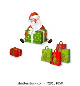 vector flat santa claus sitting with paper shopping bags with spruce tree image, christmas square box presents with ribbon bow. Isolated illustration on a white background.
