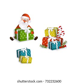 vector flat santa claus sitting with paper christmas square box presents with ribbon bow, mistletoe leaves and berry and christmas lollipop and candy. Isolated illustration on a white background.