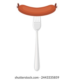 Vector Flat Sausage and Fork Closeup Isolated on a White Background. Cartoon Sausage Design Template
