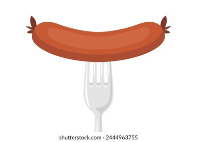 Vector Flat Sausage and Fork Closeup Isolated on a White Background. Cartoon Sausage Design Template