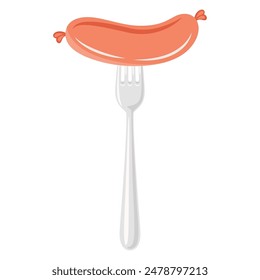 Vector Flat Sausage and Fork Closeup Isolated on a White Background. Cartoon Sausage Design Template, Outline Color Illustration
