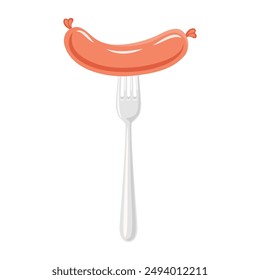 Vector Flat Sausage and Fork Closeup Isolated on a White Background. Cartoon Sausage Design Template, Outline Color Illustration