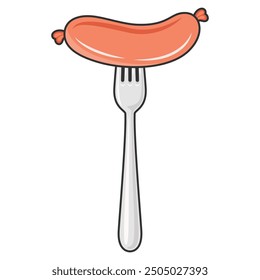Vector Flat Sausage and Fork Icon Isolated on a White Background. Cartoon Style Sausage and Fork Design Template, Outline Color Illustration. Food and Culinary Concept