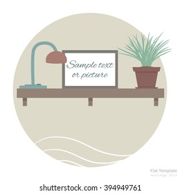 Vector flat scene with shelf, lamp and picture frame for your text or photo