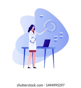 Vector flat science character illustration. Female scientist working with interface and laptop. Concept of big data, tech study, engineering, innovation. Design element for banner, poster, web, flyer