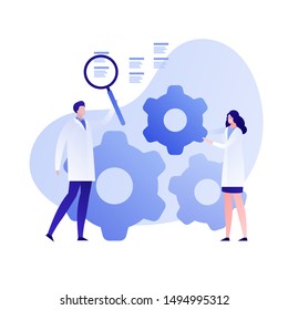 Vector flat science character illustration. Scientist team with magnifier and wheels. Concept of big data, cloud, tech study, engineering, innovation. Design element for banner, poster, web, flyer