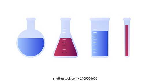 Vector flat science medical equipment illustration. Laboratory chemical tube set with blue and red fluid isolated on white background. Design bottle icon element for poster, flyer, card, banner