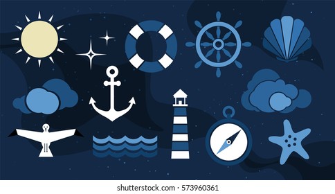 Vector flat sea design background. Cute template with seashell, seagull bird, lighthouse, lifebuoy, starfish, anchor and ocean waves